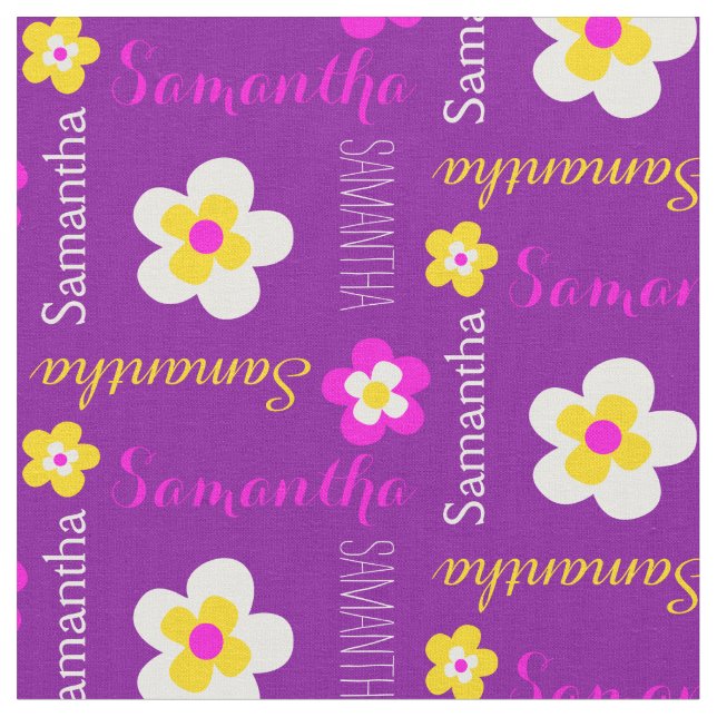 Flower personalized name text purple pink fabric (Close Up)