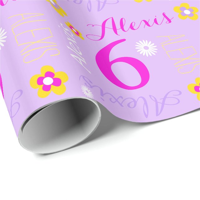 Flower personalized purple pink age 6th birthday wrapping paper (Roll Corner)