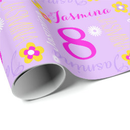 Flower personalized purple pink age 8th birthday wrapping paper
