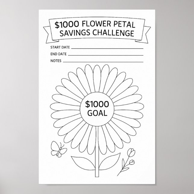 Flower Petals $1000 Savings Challenge Tracker Poster (Front)