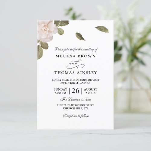 Flower Pink and leaves Budget QR Code Wedding Invitation