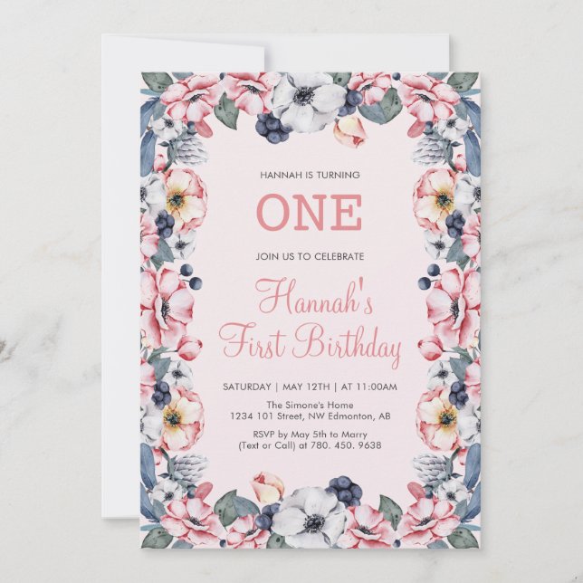 Flower & Pink | First 1st Girl Birthday Party Invitation (Front)