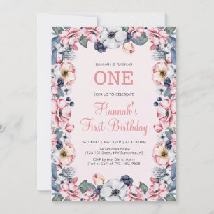 Flower & Pink   First 1st Girl Birthday Party Invitation