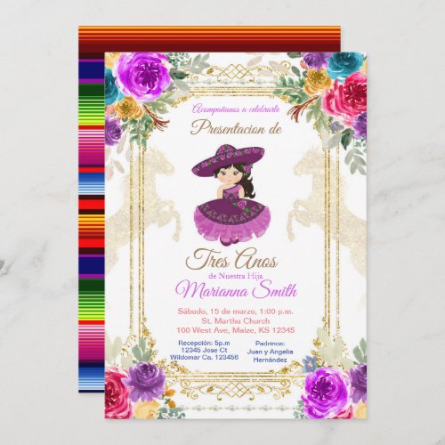 Flower Pink  gold Tres Anos Mexican  Invitation