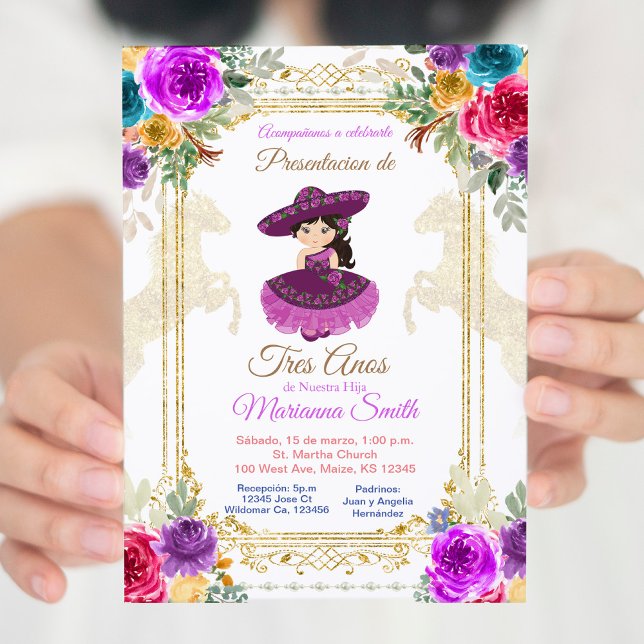 Flower Pink & gold Tres Anos Mexican  Invitation (Creator Uploaded)