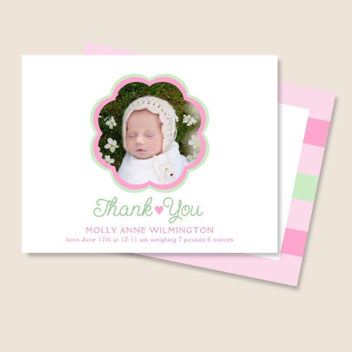Flower Pink Green Baby Photo Thank You