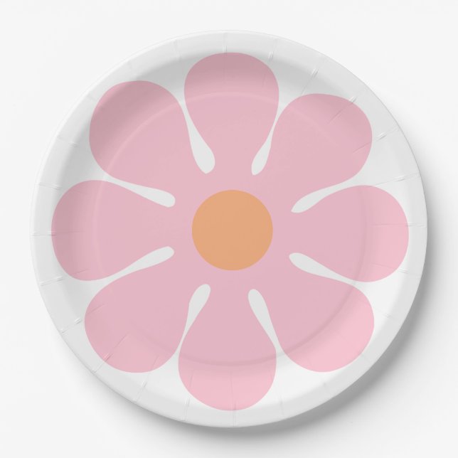 Flower Pink Groovy Birthday Retro Party  Paper Plates (Front)