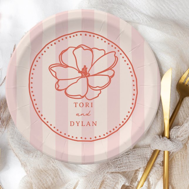 Flower Pink Stripe Wedding Paper Plates (Creator Uploaded)