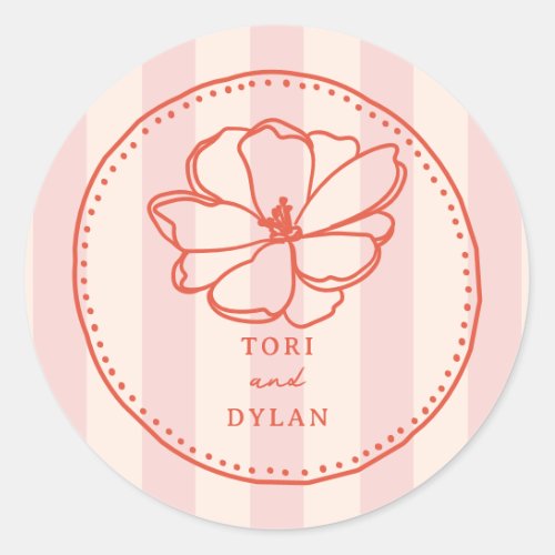 Flower Pink Tropical Stripe Wedding Classic Round Sticker