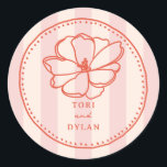 Flower Pink Tropical Stripe Wedding Classic Round Sticker<br><div class="desc">Red line art flower illustration with red text and hand drawn border over light pink stripe background.</div>