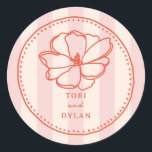Flower Pink Tropical Stripe Wedding Classic Round Sticker<br><div class="desc">Red line art flower illustration with red text and hand drawn border over light pink stripe background.</div>