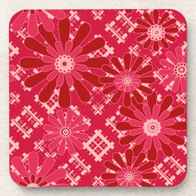 Flower plaid , floral , plaid , red , red , rustic beverage coaster (Front)