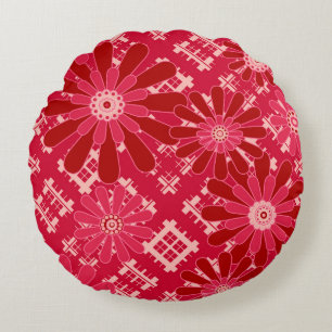 Flower plaid , floral , plaid , red , red , rustic round pillow