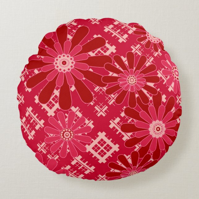 Flower plaid , floral , plaid , red , red , rustic round pillow (Front)