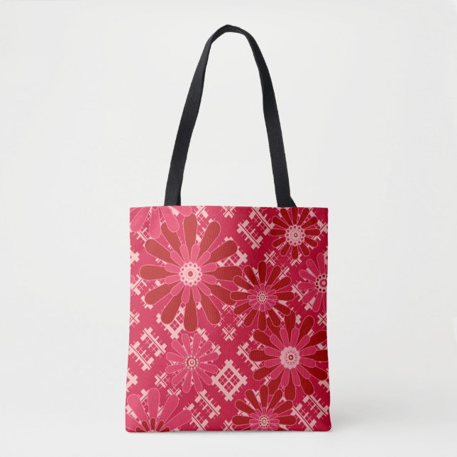 Flower plaid , floral , plaid , red , red , rustic tote bag (Front)
