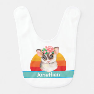 Flower POSSUM Sunset Blue White Name Baby Bib