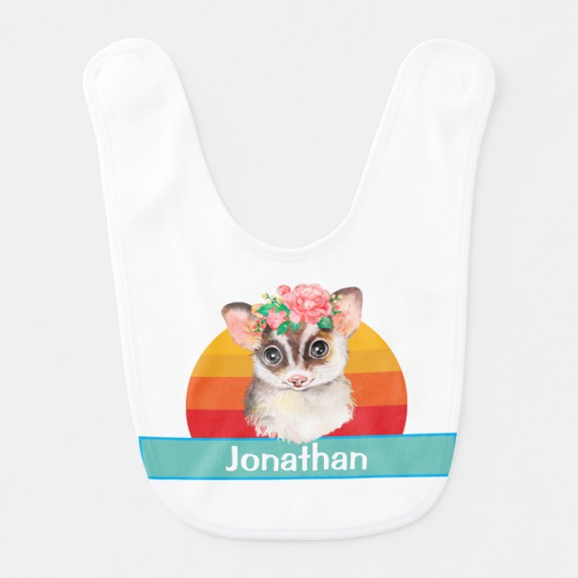 Flower POSSUM Sunset Blue White Name Baby Bib (Front)