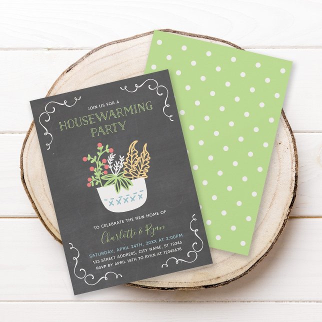 Flower Pot Chalkboard Green Housewarming Party Invitation (Creator Uploaded)