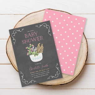Flower Pot Chalkboard Pink Baby Shower Invitation