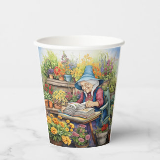 Flower pot garden Lady reading book amid flowers Paper Cups