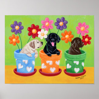 Flower Pot Labrador Puppies Artwork Poster