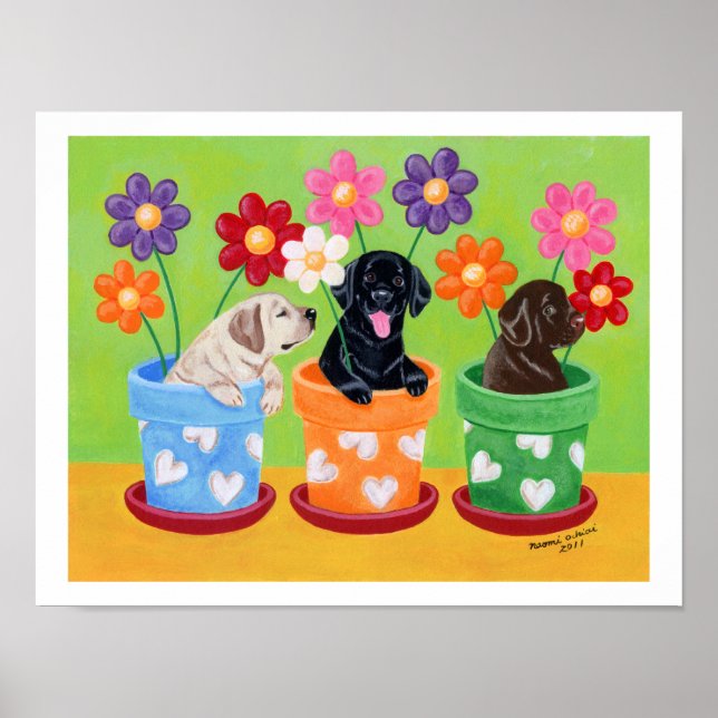 Flower Pot Labrador Puppies Artwork Poster (Front)