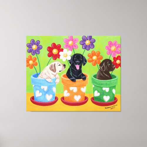 Flower Pot Labrador Puppies Canvas Print