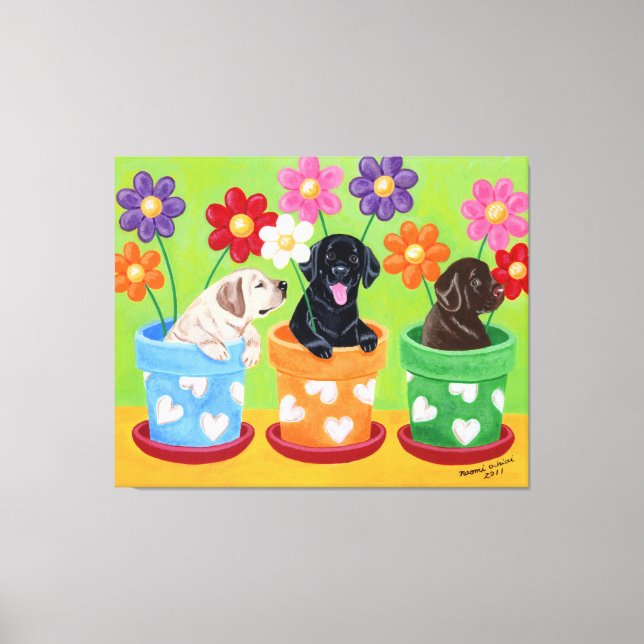 Flower Pot Labrador Puppies Canvas Print (Front)