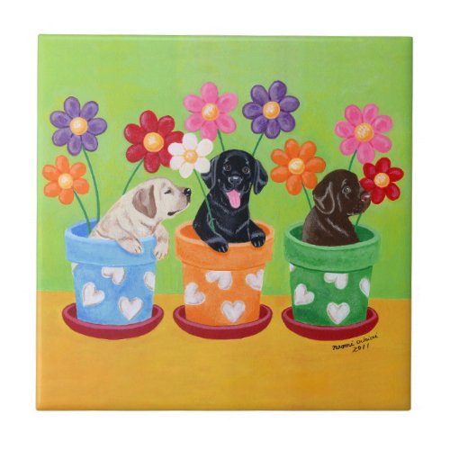 Flower Pot Labrador Puppies Ceramic Tile