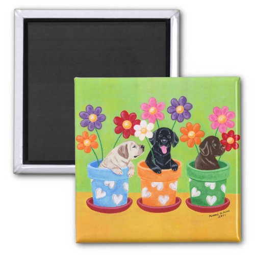 Flower Pot Labrador Puppies Full Magnet