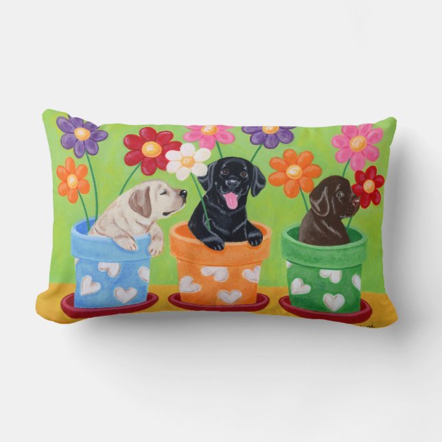 Flower Pot Labrador Puppies Lumbar Pillow (Front)