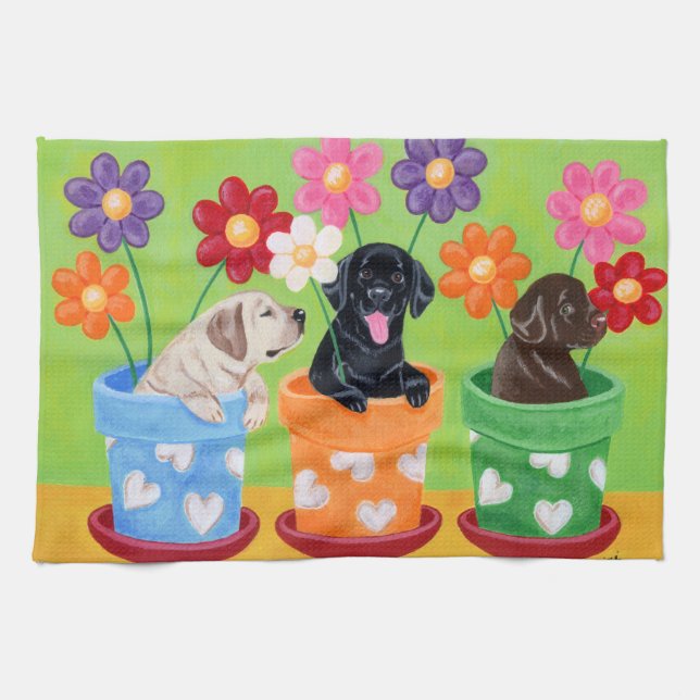 Flower Pot Labrador Puppies Painting Towel (Horizontal)