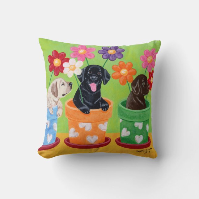 Flower Pot Labrador Puppies Throw Pillow (Front)