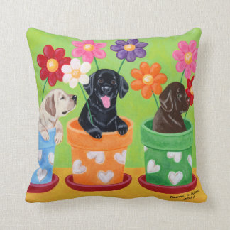 Flower Pot Labrador Puppies Throw Pillow