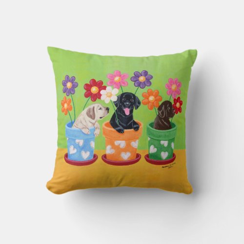 Flower Pot Labrador Puppies Throw Pillow