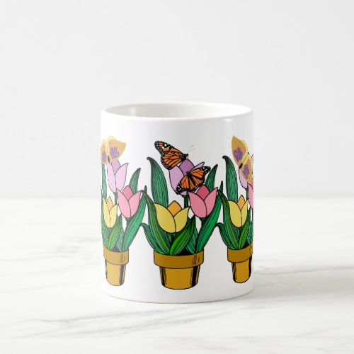 Flower Pot Pink Yellow Tulips Butterfly Floral Coffee Mug