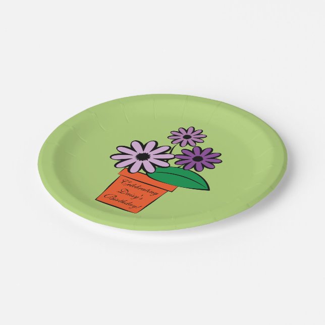 Flower Pot Purple Daisies Personalized Paper Plates (Angled)