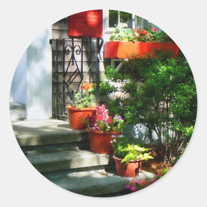 Flower Pots and Red Shutters Round Stickers