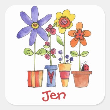Flower Pots Square Sticker by customized_creations at Zazzle