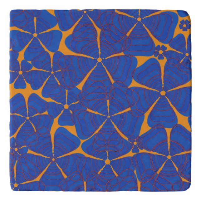 Flower Power 4 Blue with Red Accents on Orange Trivet (Front)