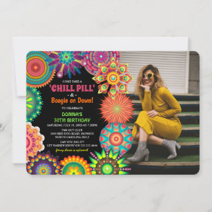 Flower Power 70's Colorful Photo Birthday Party Invitation