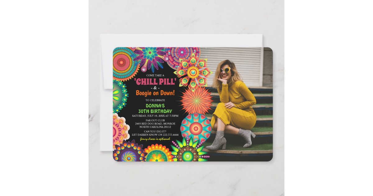 Your Photo Invitation Cards Adult Birthday Party Flower Power Retro