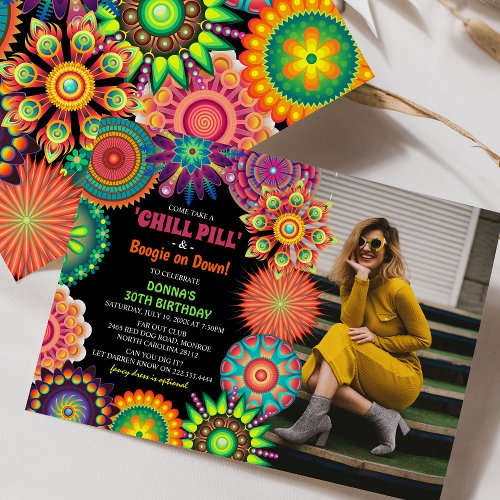 Flower Power 70s Colorful Photo Birthday Party Invitation