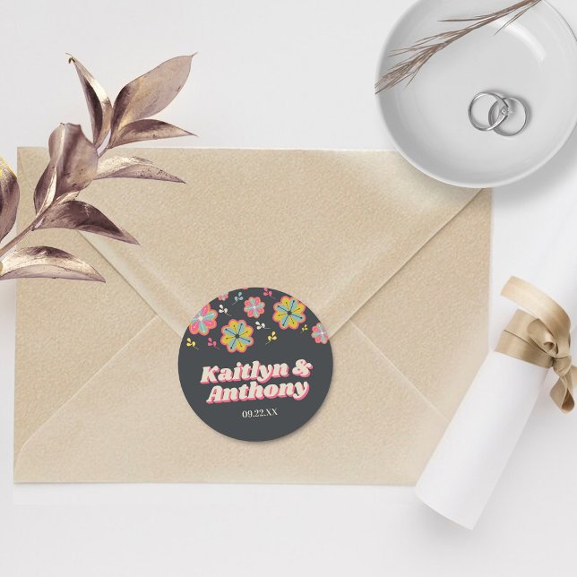 Flower Power 70's Retro Groovy Wedding Classic Round Sticker (Creator Uploaded)