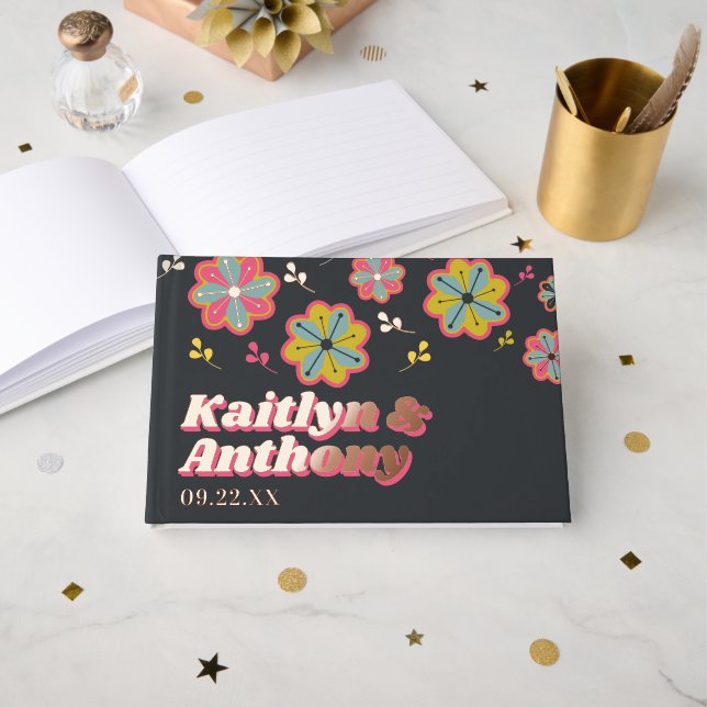 Flower Power 70's Retro Groovy Wedding Foil Guest Book (Front Open)