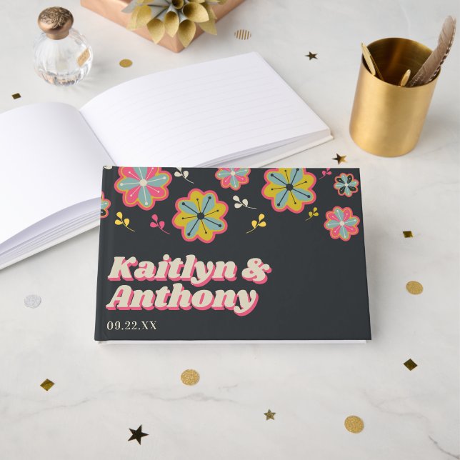 Flower Power 70's Retro Groovy Wedding Guest Book (Front Open)