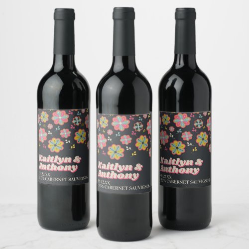 Flower Power 70s Retro Groovy Wedding Wine Label