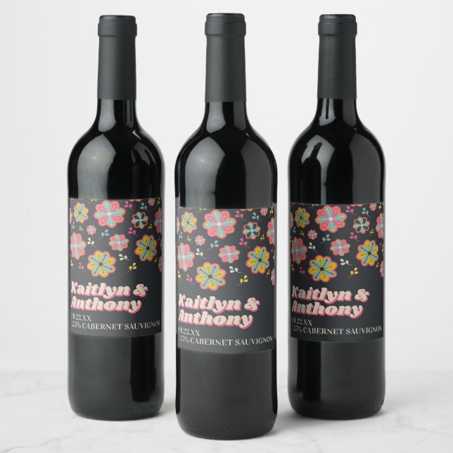 Flower Power 70's Retro Groovy Wedding Wine Label (Bottles)