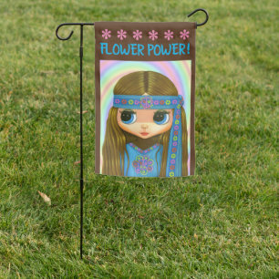 Flower Power Blue Hippie Chick Big Eye Doll Garden Flag