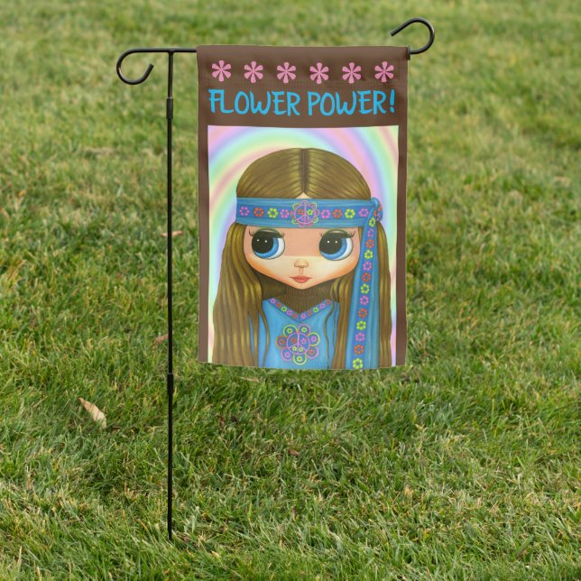 Flower Power Blue Hippie Chick Big Eye Doll Garden Flag (In SItu)